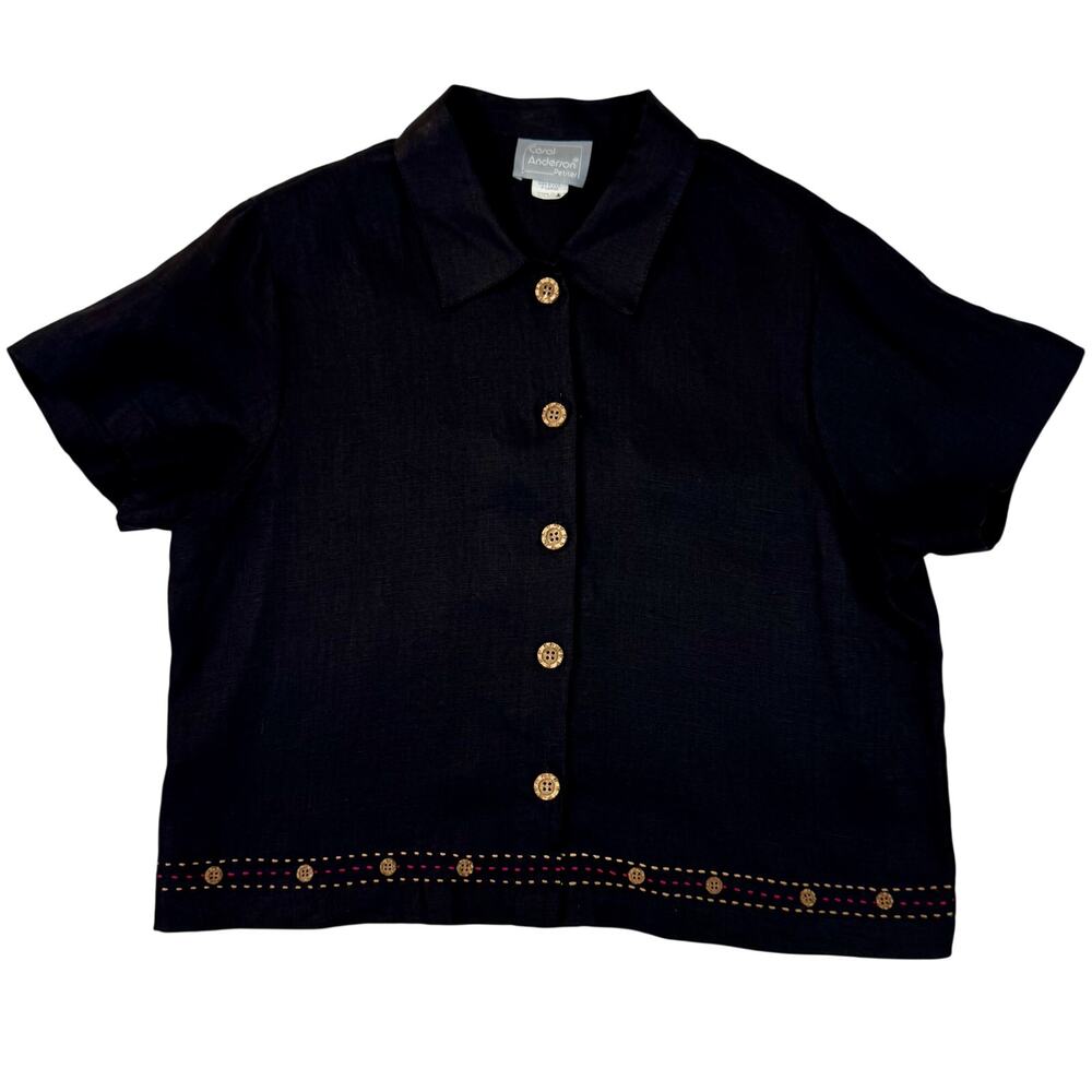 Carol Anderson Vintage Linen Shirt Black Women's Large Petite Lagenlook Coastal - Picture 1 of 13